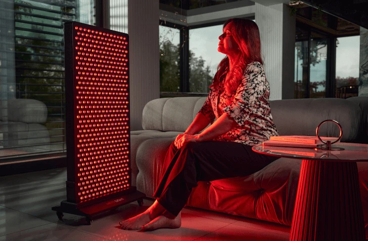 Žena sedí na gauči pri paneli MITO LIGHT® Mitohacker 5.0 na stojane Mitohacker Floor Stand 5.0 – komfortná terapia červeným svetlom kdekoľvek doma